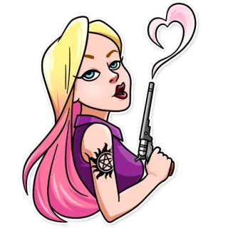 😘 gun, cartoon, woman, tattoo, heart, pink, blonde, smoking gun telegram sticker