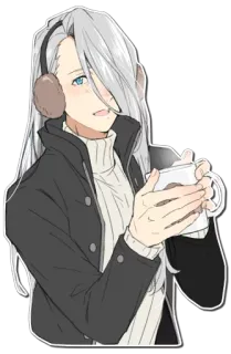 😃 Anime, Dibujos animados, Hombre, Chico, Taza, Orejeras, Suéter, Invierno telegram sticker