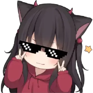 😎 gadis anime, kartun, karakter, kacamata, kawaii, telinga kucing, merah, simbol perdamaian telegram sticker