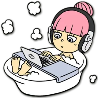 🛀 girl, computer, laptop, bath, bathtub, headphones, pink hair telegram sticker