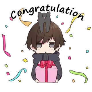 🥳 congratulation congratulations, cat, boy, present, celebration, anime telegram sticker