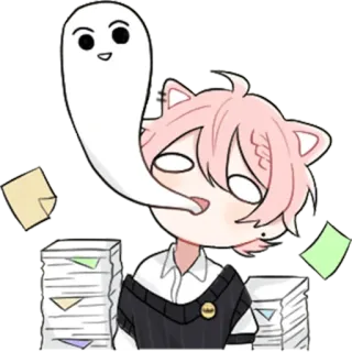 😵 cat ears, office, ghost, anime, stack of papers, exhaustion whatsapp sticker