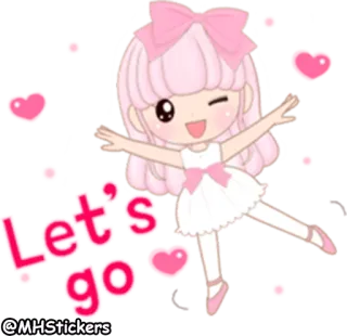 🏃‍♀ Let's go carino, animato, kawaii, brillantini, cuori, ragazza, rosa telegram sticker