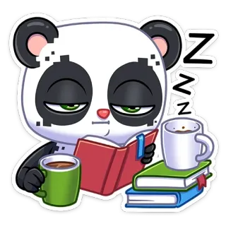 😴 ZZZ panda, sommeil, lecture, café, fatigué, livre, dessin animé whatsapp sticker