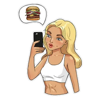 🍔 mujer, selfie, hamburguesa, comida, dibujo animado telegram sticker