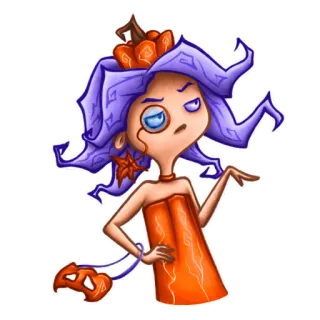 🧐 sticker, dibujos animados, halloween, pelo morado, naranja, monóculo, calabaza, personaje telegram sticker