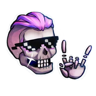 🤘 crâne, lunettes de soleil, squelette, rock'n'roll, geste de la main, lunettes pixelisées, cheveux roses telegram sticker