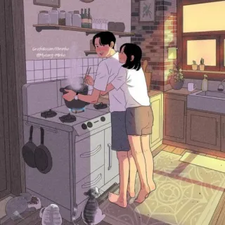 💕 cocina, cocina, pareja, amor, hogar, gatos telegram sticker