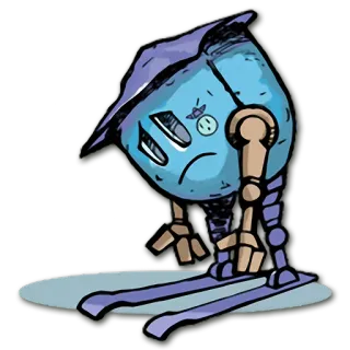 😔 стикер, мультфильм, персонаж, синий, робот, лыжи, грустный telegram sticker