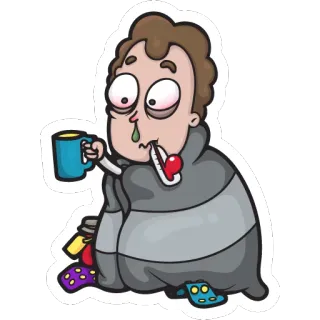 🤒 生病, 流感, 感冒, 温度计, 药, 卡通, 角色 telegram sticker