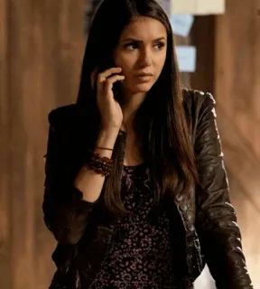 🥀 Elena Gilbert The Vampire Diaries Elena Gilbert, The Vampire Diaries, woman, brunette, leather jacket telegram sticker