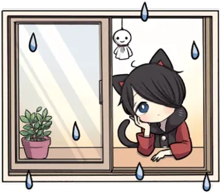 ☔ 고양이, 창문, 비, 애니메이션, 식물, 귀여운 telegram sticker