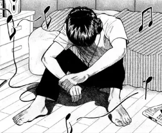 🎧 musica, cuffie, triste, ascolto, stanza, manga, ragazzo, seduto telegram sticker