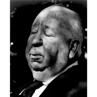 😞 Alfred Hitchcock ภาพเหมือน, ผู้กำกับ, ภาพยนตร์, ขาวดำ, ฮิตช์ค็อก, ผู้ชาย, ด้านข้าง whatsapp sticker