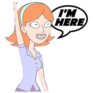 🙋 I'M HERE dibujo animado, mujer, bocadillo, pelirroja, levantando la mano telegram sticker