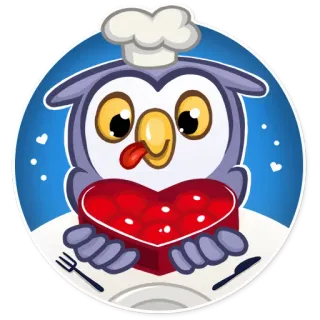 😋 búho, chef, corazón, amor, san valentín, cocina, dibujos animados, comida whatsapp sticker