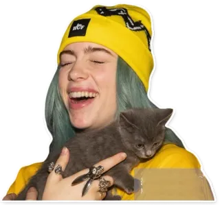 😆 Billie Eilish Билли Айлиш, певица, знаменитость, котёнок, кошка, желтая шапка, украшения, зеленые волосы telegram sticker
