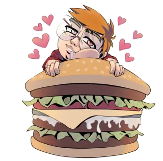 🍔 dessin animé, burger, nourriture, personne, coeurs, sandwich whatsapp sticker