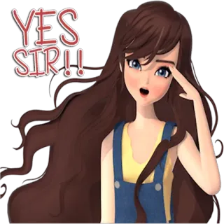 👋 YES SIR!! Anime, Sim senhor, Saudação, Garota, Cabelo castanho, Desenho animado telegram sticker