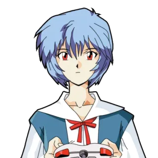 🎮 Rei Ayanami Neon Genesis Evangelion animé, personnage, manette de jeu, cheveux bleus, Rei Ayanami, Evangelion telegram sticker