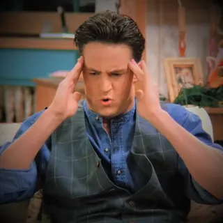 🤐 Chandler Bing Friends mal di testa, stressato, pensando, serie TV, anni '90, sitcom telegram sticker