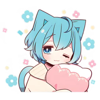 😴 อนิเมะ, หนุ่มหูแมว, น่ารัก, คาวาอิ, หมอน, สีพาสเทล, สติกเกอร์, ผมสีฟ้า telegram sticker