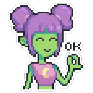 👌 ok Alien, Pixelkunst, Charakter, Okay Zeichen, Lila Haare, Grüne Haut whatsapp sticker