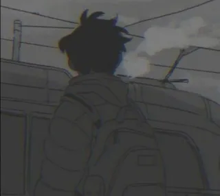 🖤 anime, ragazzo, zaino, treno, solo, schizzo, scala di grigi telegram sticker