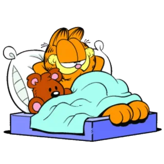 😴 Garfield cartoon, cat, sleeping, teddy bear, bed whatsapp sticker