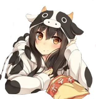 👀 Chica anime, Sudadera vaca, Lindo, Dibujo animado, Snack, Kawaii whatsapp sticker