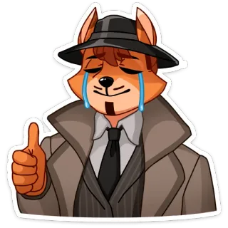 👍 raposa, antropomórfico, chorando, polegar para cima, desenho animado, personagem, chapéu, casaco telegram sticker