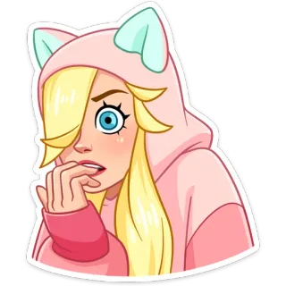 😳 sticker, dessin animé, cheveux blonds, sweat à capuche rose, animé, oreilles de chat, mignon, fille whatsapp sticker