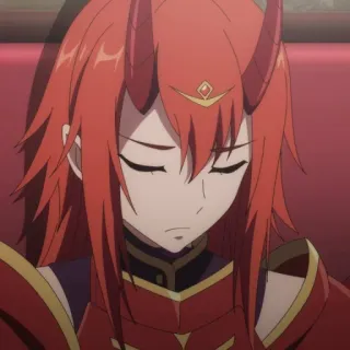 😔 anime, red hair, horns, armor, female, sad telegram sticker