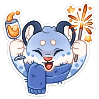 🥳 สัตว์, การ์ตูน, งานเฉลิมฉลอง, ปีใหม่, ดอกไม้ไฟ, เครื่องดื่ม, น่ารัก whatsapp sticker