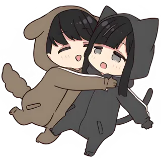 🥳 Chibi, Kreskówka, Przyjaźń, Kot, Pies, Kawaii whatsapp sticker