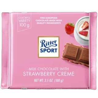 🫥 COLORFUL
VARIETY
100 g
FINE EUROPEAN
CHOCOLATE MADE WITH
QUALITY INGREDIENTS
Ritter
SPORT
MILK CHOCOLATE WITH
STRAWBERRY CREME
NET WT. 3.5 OZ. (100 g) chocolate, strawberry, food, snack, sweet, dessert, Ritter Sport, candy telegram sticker