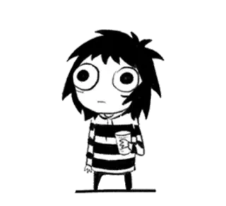 😐 Dessin animé, Fille, Noir et blanc, T-shirt rayé, Café, Personnage telegram sticker