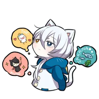 🤔 TORI, KURO, SAKANA cat, anime, chibi, fish, cute, white hair, kawaii telegram sticker