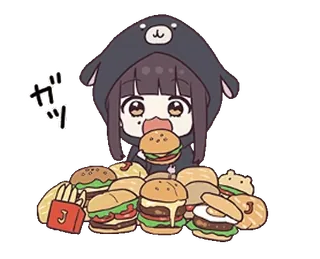 🍔 ガッツ fille anime, kawaii, manger, burgers, nourriture, mignon, illustration, dessin animé telegram sticker