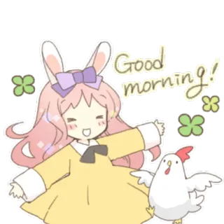 🌤 Good morning! зайчик, девочка, курица, доброе утро, милый, мультфильм telegram sticker