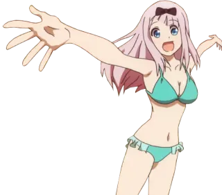 🖐 Chika Fujiwara Kaguya-sama: Love Is War anime, cô gái, bãi biển, đồ bơi, tóc hồng, dễ thương whatsapp sticker
