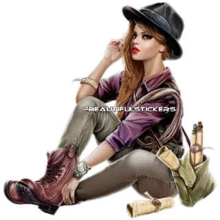 🎩 @BEAUTIFUL.STICKERS chica, pegatina, aventura, sombrero, botas, morena, mujer telegram sticker