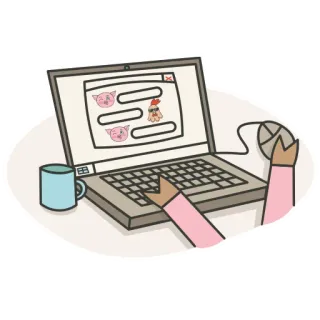 💻 Portátil, Ordenador, Dibujos animados, Internet, Cerdos, Pollo, Chat, En línea whatsapp sticker