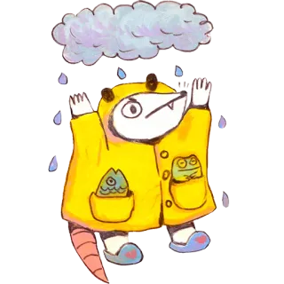 🌦 opos, płaszcz przeciwdeszczowy, chmura, deszcz, słodki, zwierzę, naklejka, kreskówka telegram sticker