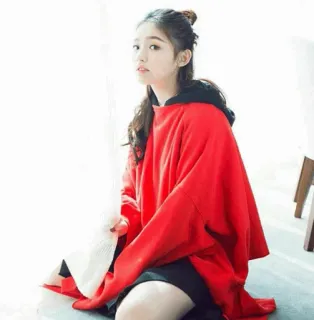 💮 girl, red hoodie, sitting, indoors, portrait, asian telegram sticker