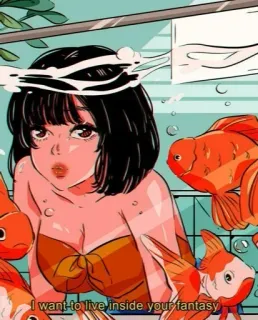 🍭 I want to live inside your fantasy fish, fantasy, woman, illustration, aquarium, anime, girl, cute, sticker telegram sticker
