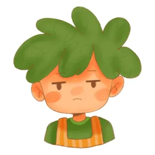 😐 Kartun, Ilustrasi, Karakter, Rambut hijau, Overall oranye, Potret, Anak whatsapp sticker