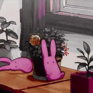 🍥 pink bunny, plant, window, indoor, bunny plush, decoration telegram sticker