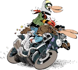 😳 dessin animé, moto, casque, personnages, aventure, illustration whatsapp sticker