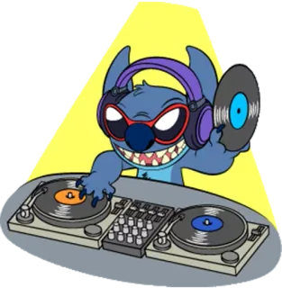 😜 Stitch สติทช์, ดีเจ, เครื่องเล่นแผ่นเสียง, หูฟัง, เพลง, เอเลี่ยน telegram sticker